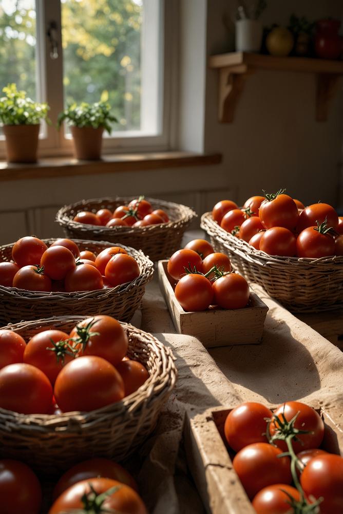 Lichtdurchflutetes Bild von geernteten Tomaten im Herbst