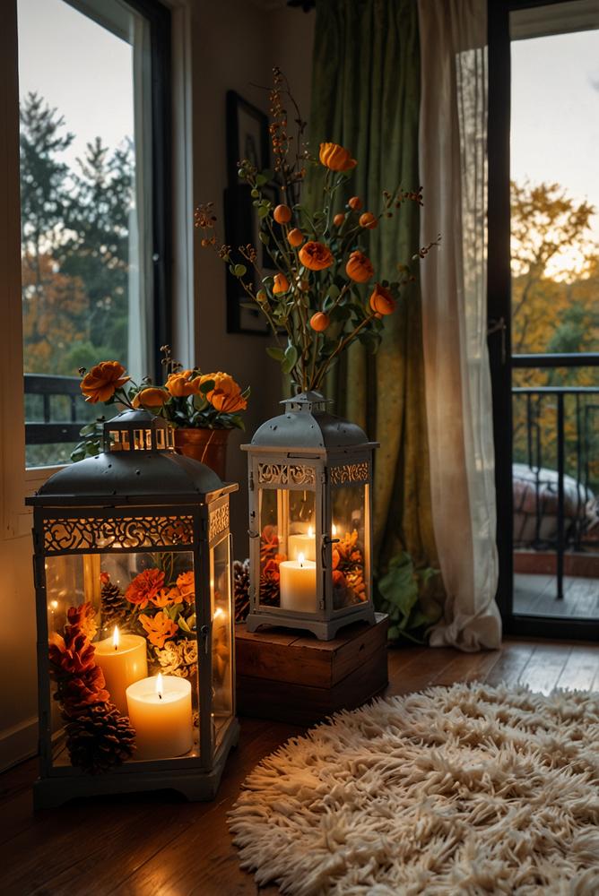 Herbstliche Balkon-Deko mit Kürbissen und warmen Textilien
