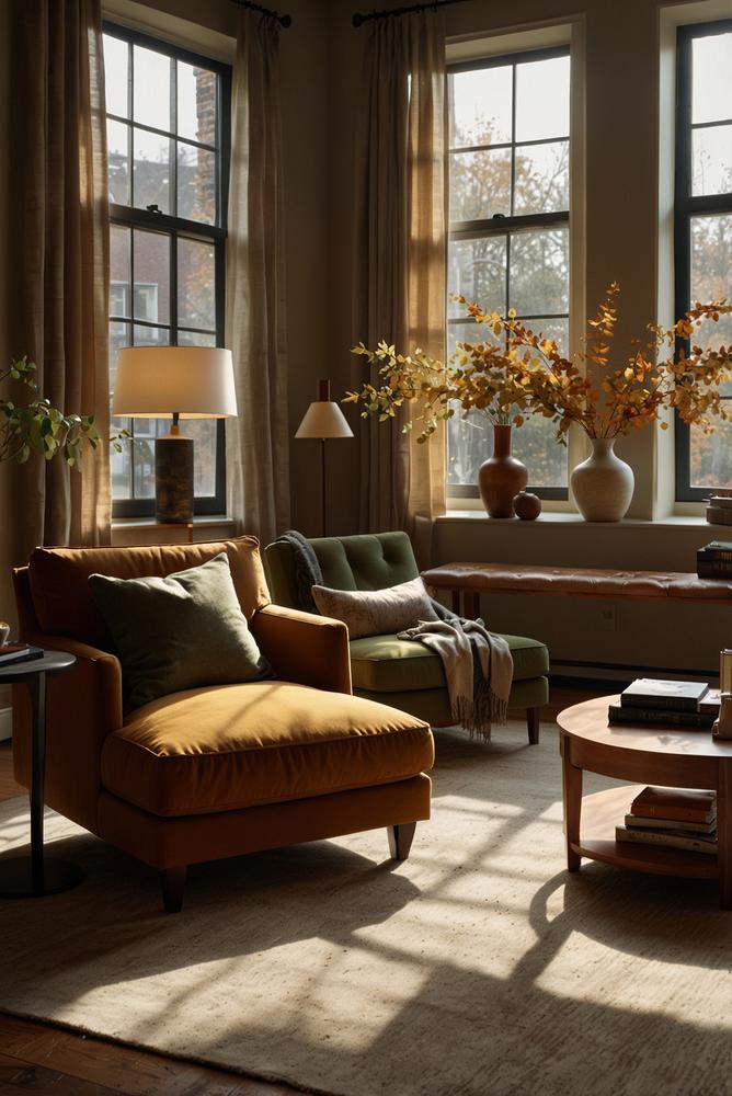 Gemütliches Wohnzimmer mit herbstlicher Farbpalette in Senfgelb, Rost und Moosgrün