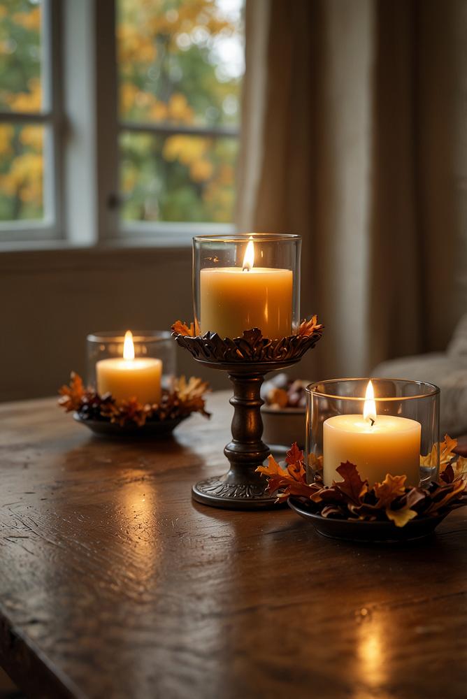 Herbstliche Kerzengruppen mit Eichenlaub auf Tisch