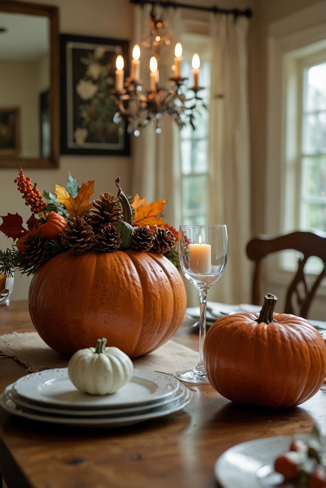 Heller herbstlicher Esstisch mit Kürbis-Centerpiece