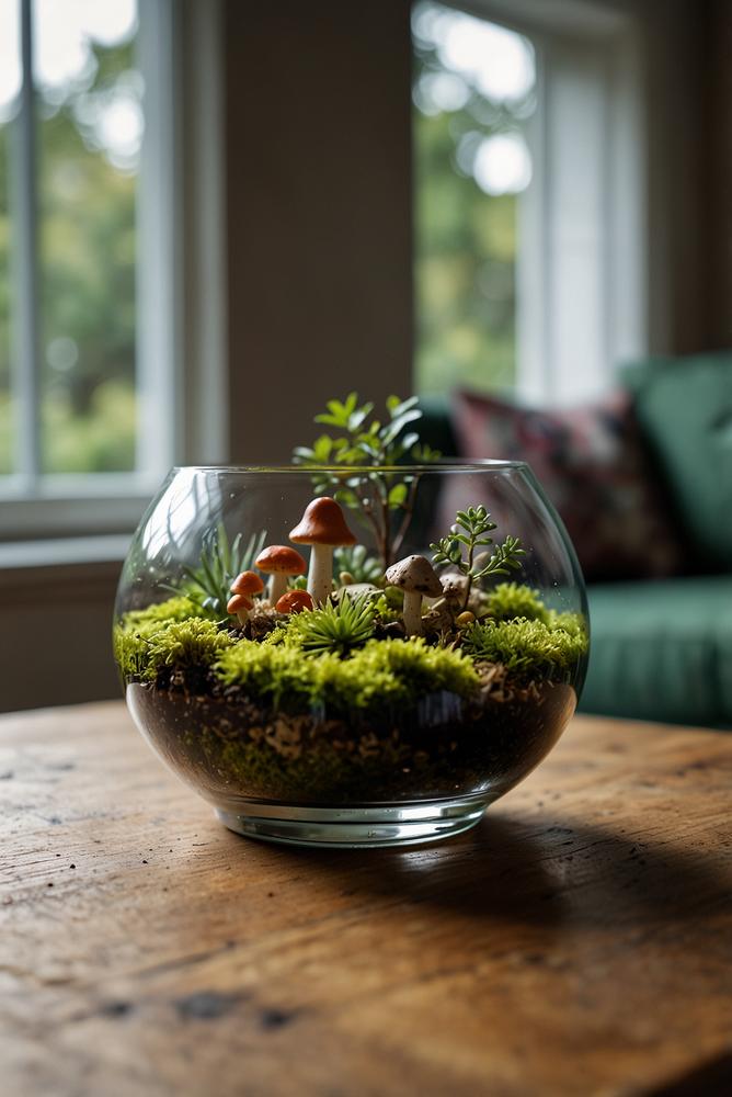 Mini-Terrarium mit Moos und Pilzen als herbstliche Deko