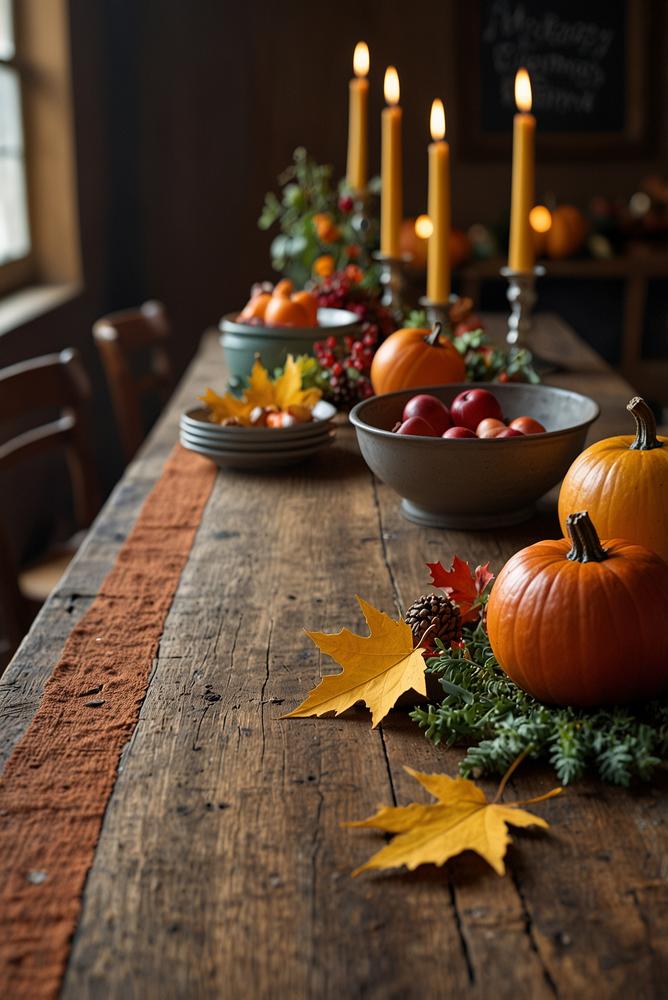 Herbstliche Tischdeko mit Stoffblättern und Tafeldekor auf Esstisch