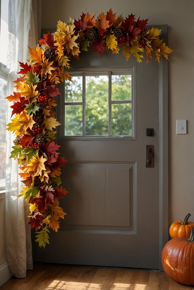 Herbstlicher Türkranz aus bunten Blättern im Kinderzimmer