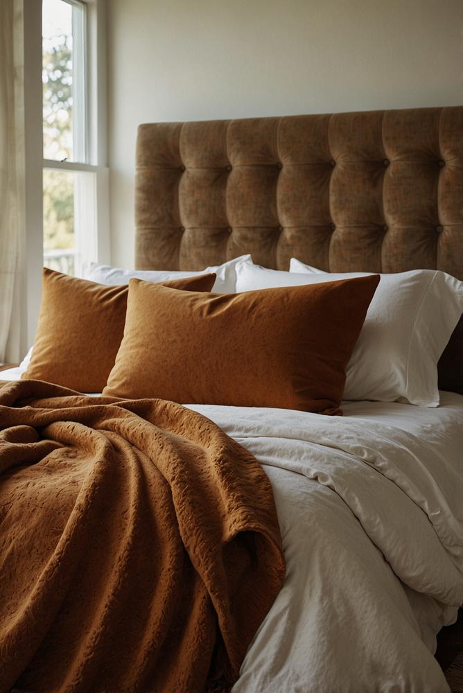 Gemütliches Schlafzimmer mit Flanellbettwäsche und herbstlichen Farben