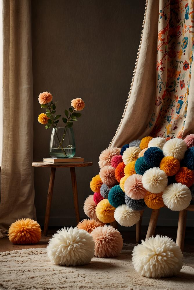 Hocker mit verspieltem Pom-Pom-Bezug, hell und einladend