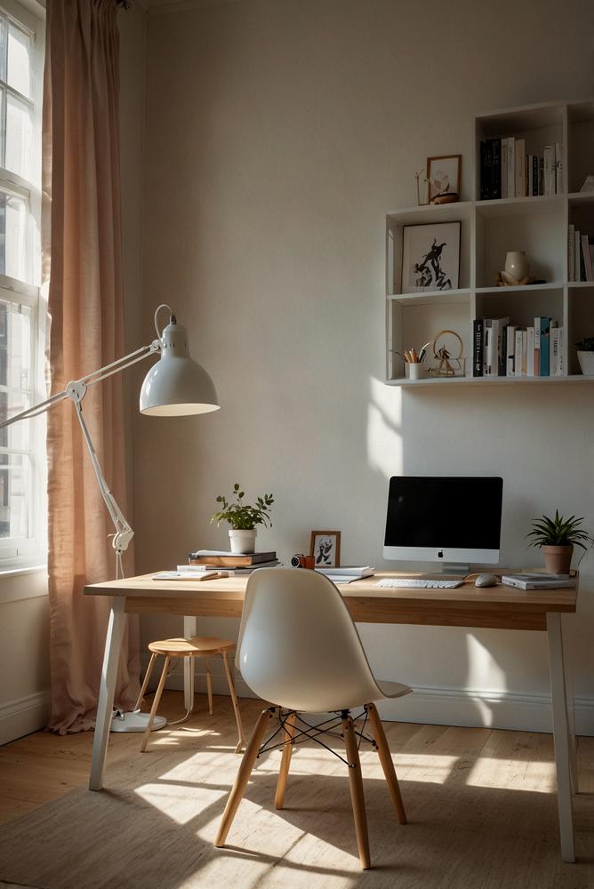 Helle moderne Home-Office-Ecke mit höhenverstellbarem Schreibtisch