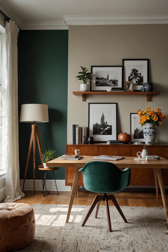 Helles Home Office mit beruhigenden Farbtoenen und Holzakzenten