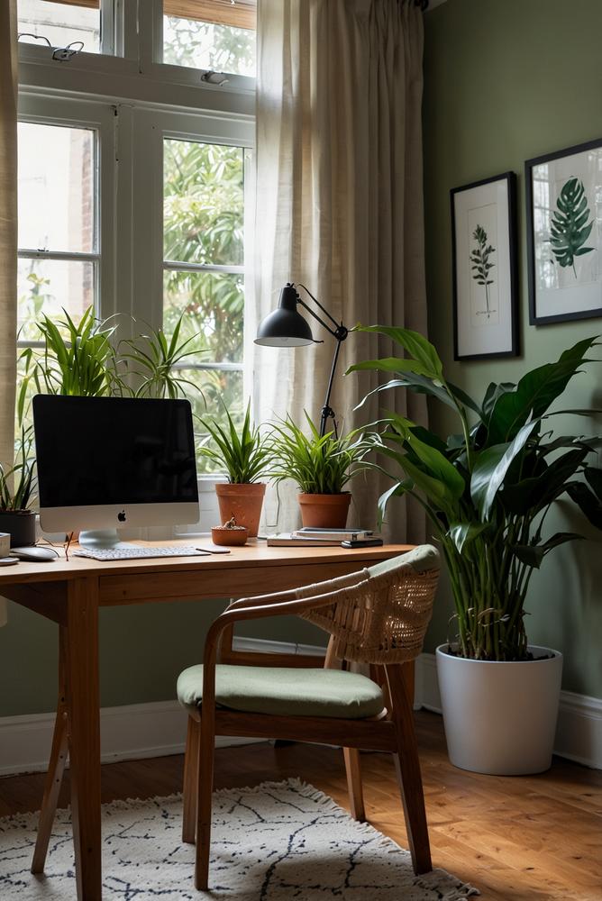 Home Office mit grünen Pflanzen und viel Tageslicht