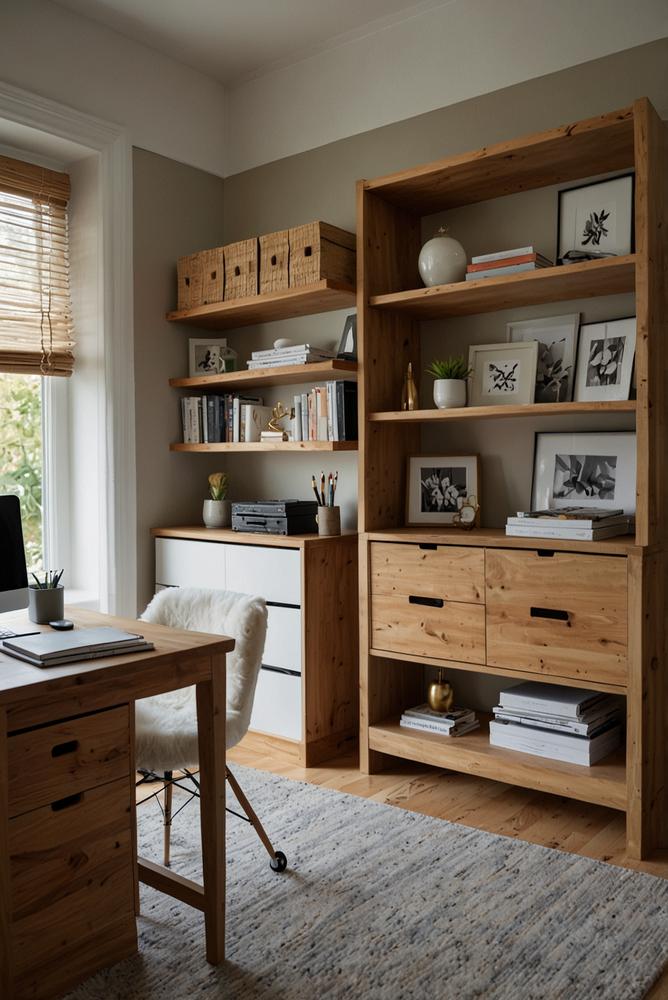 Modernes Home Office mit Regalen und Schubladen