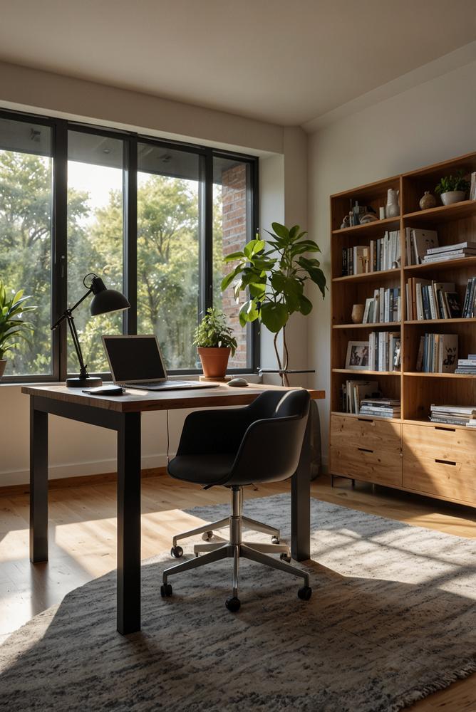 Lichtdurchflutetes Home Office mit klaren Arbeitszonen