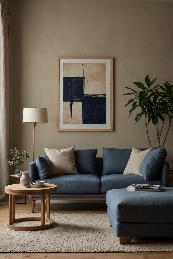 Wohnraum in Beige, Grau und Indigo mit natürlichem Stil