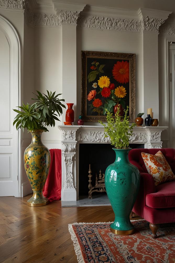 Kamininsel im maximalistisch gestalteten Wohnzimmer