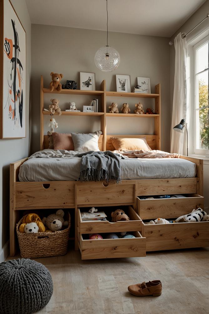 Helles multifunktionales Kinderbett mit Stauraum im Kinderzimmer