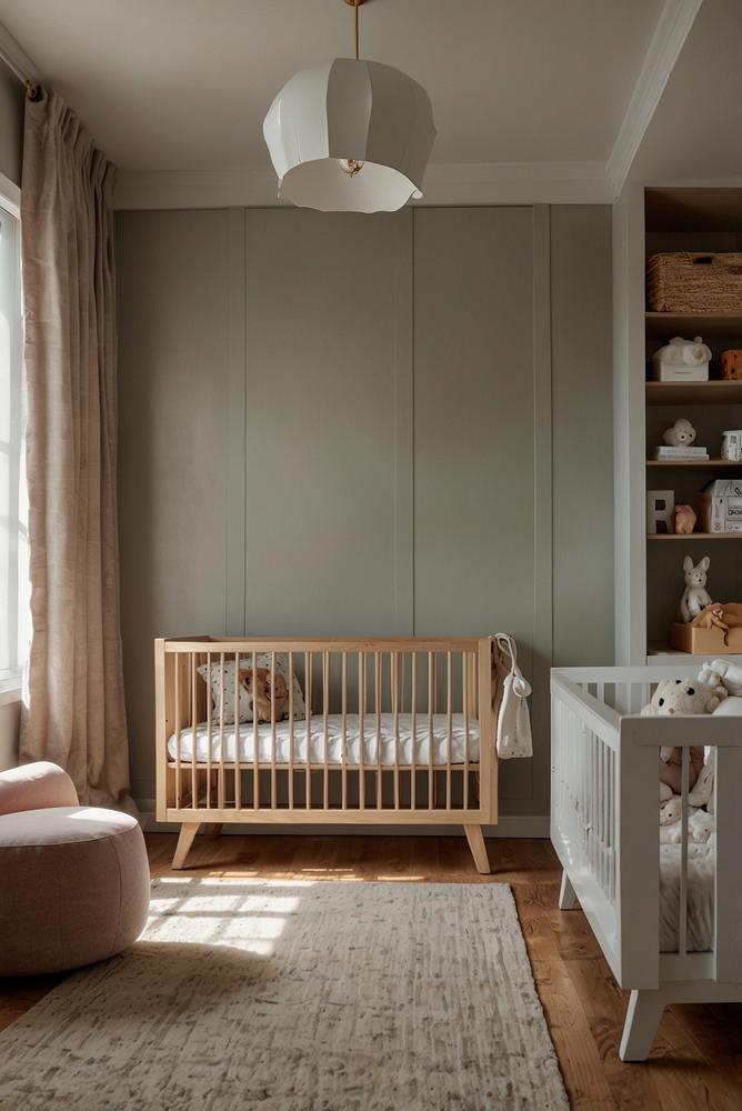 Modernes Kinderzimmer mit Babybett und multifunktionalem Schrank