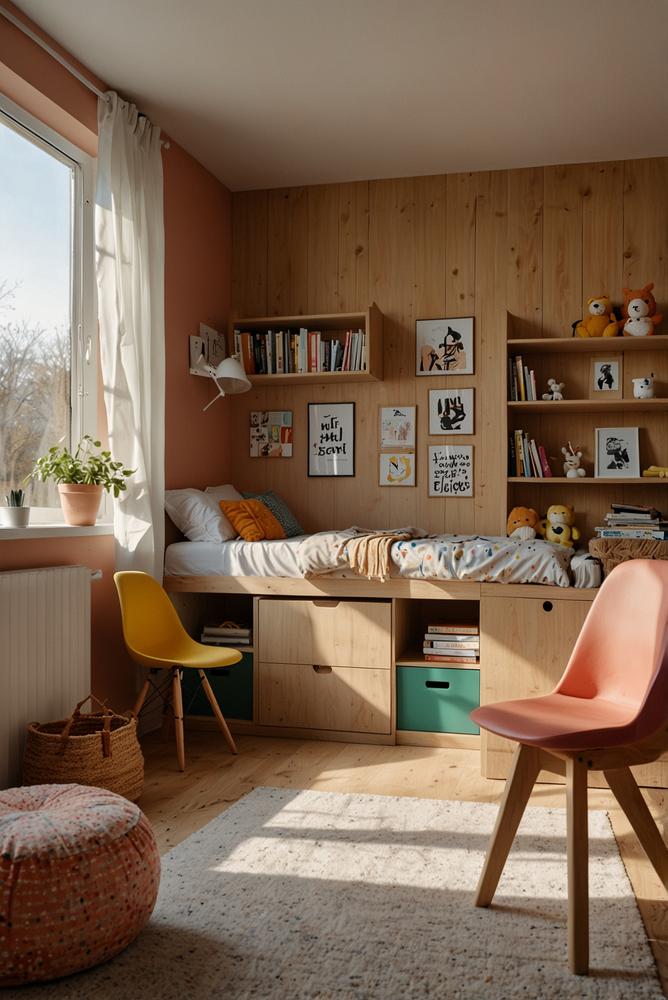 Kleines Kinderzimmer mit klappbaren Wandmöbeln hell und modern