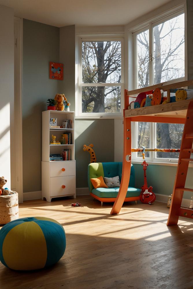 Helles Kinderzimmer mit Kletterwand und Spielpodest