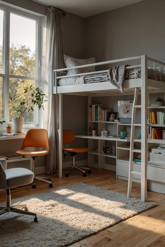 Kinderzimmer mit platzsparendem Hochbett und Arbeitsplatz