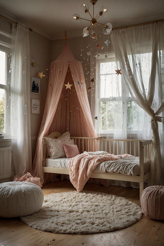 Kinderzimmer mit hell eingedecktem Himmelbett und Vorhängen