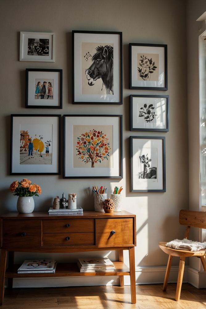 Helle kinderzimmer wandgalerie mit bunten fotoleisten
