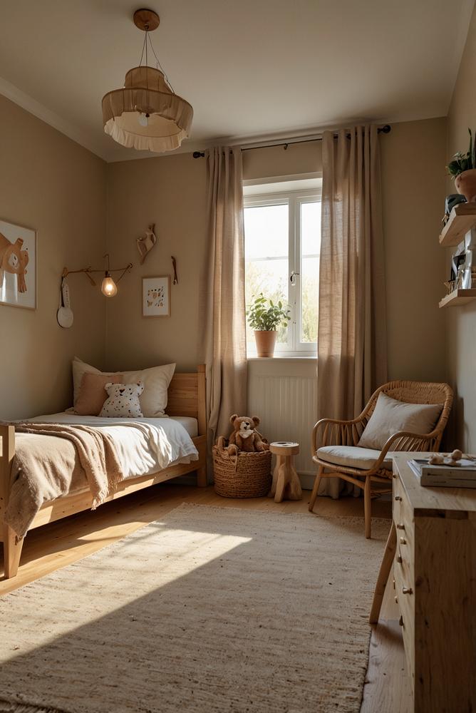 Kinderzimmer in warmem Sandbeige, beruhigende Atmosphäre