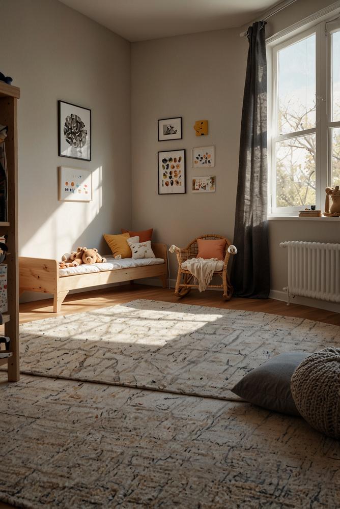 helles Kinderzimmer mit Spielteppich und Straßenmotiv