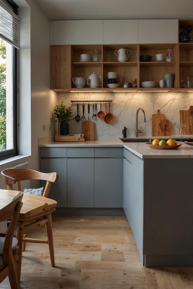 helle kleine Küche mit ausziehbarer Arbeitsplatte