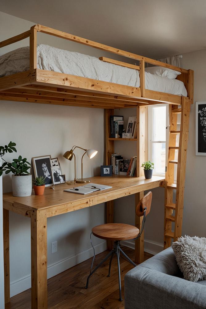 Helles Hochbett mit integriertem Arbeitsplatz in kleiner Wohnung