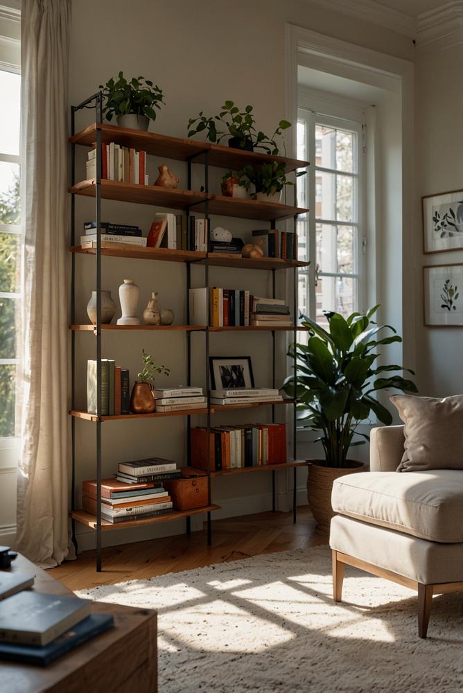 Helles Raumteiler-Regal in kleiner Wohnung