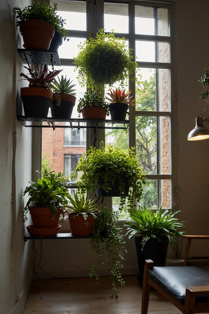 Vertikaler Pflanzen-Garten an Fensterwand in kleiner Wohnung