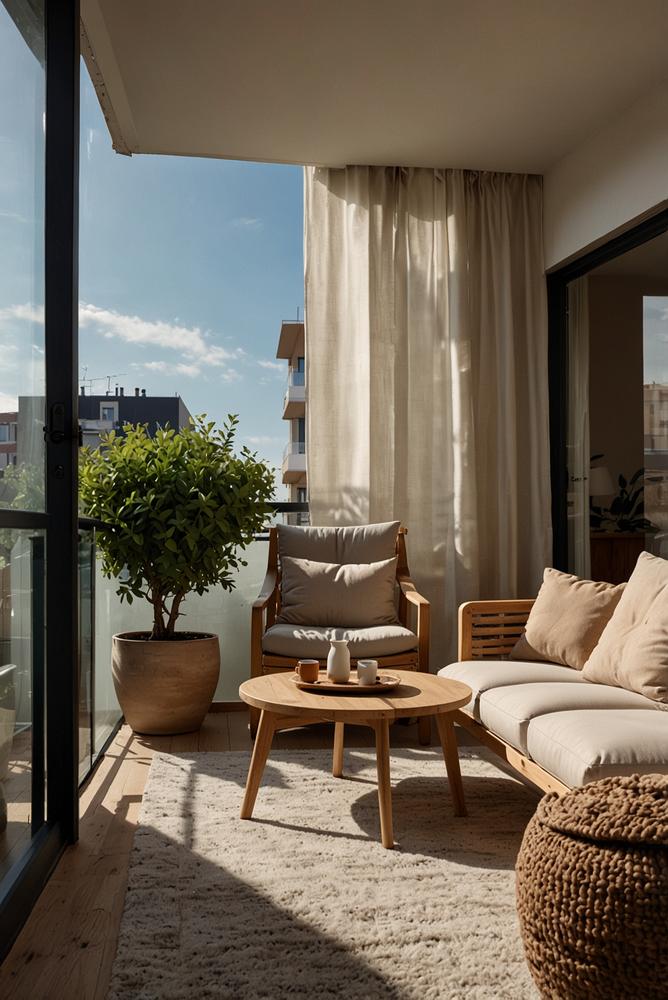 Heller Balkon als erweiterter Wohnraum mit Pflanzen und Möbeln