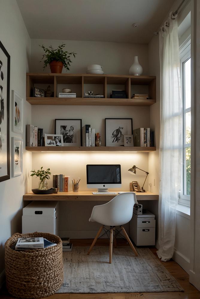 Helles kleines Home Office mit platzsparenden Möbeln