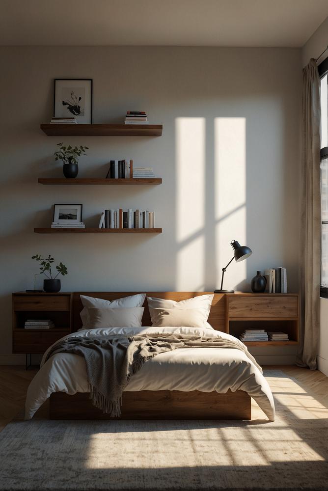 Kleines Schlafzimmer mit Wandregalen über dem Bett, hell und modern