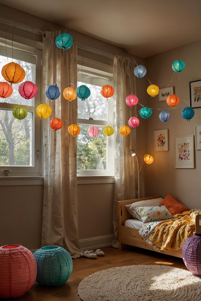 Helles Kinderzimmer mit Lichterketten und Lampions an der Decke