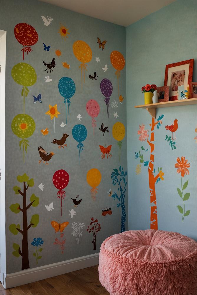 Kinderzimmer mit bunten Wandtattoos und Schablonenmotiven