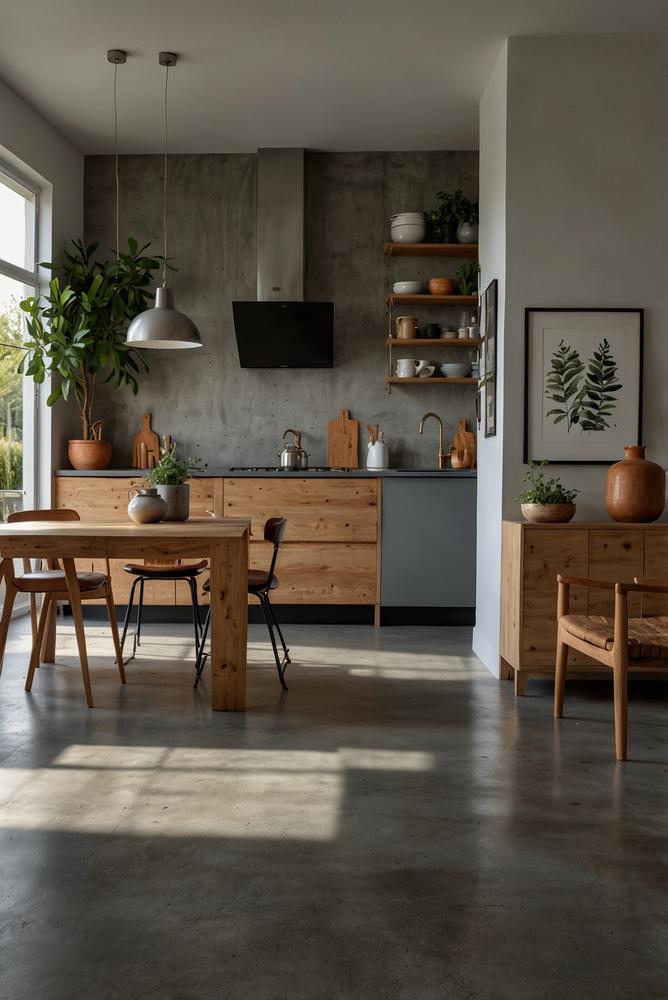 Helle moderne Küche mit Betonboden und Holzinsel