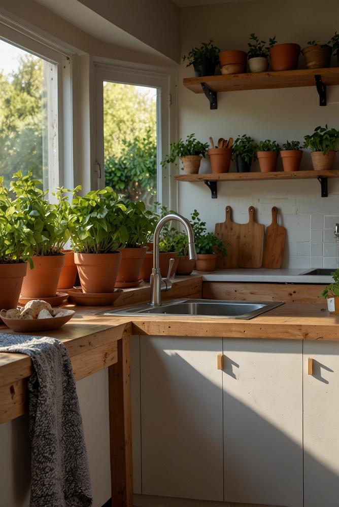 Helle Küche mit Fenster-Kräutergarten und natürlichen Akzenten