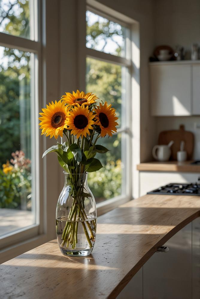 Küche mit großen Glasvasen und frischen Blumen hell beleuchtet