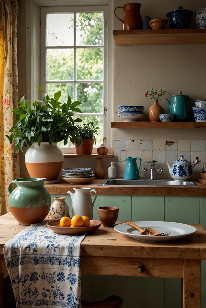 Küche mit Holzregal und Vintage-Keramik als natürliche Akzente