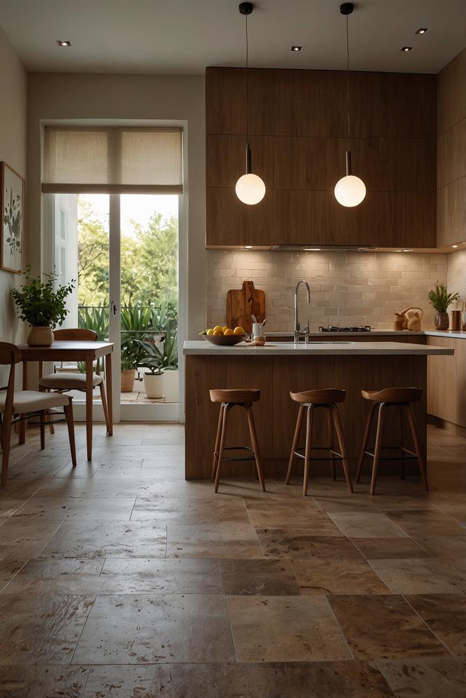 Helle Küche mit keramischen Naturfliesen und natürlicher Atmosphäre