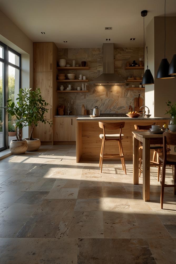 Helle Küche mit Natursteinboden und beiger Akzentwand