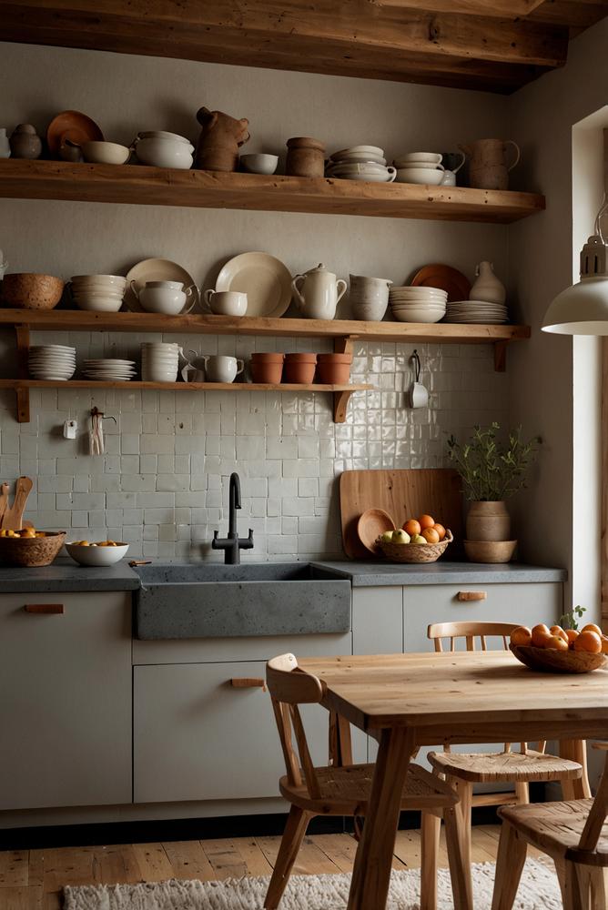 Küche mit offenen Holzregalen und Keramikgeschirr in natürlichem Stil