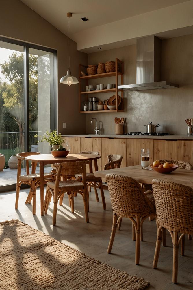 Küche mit Rattanstühlen und Erdtönen, hell und einladend
