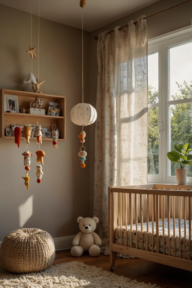 Handgemachtes Mobile und Spielzeug im hellen Kinderzimmer
