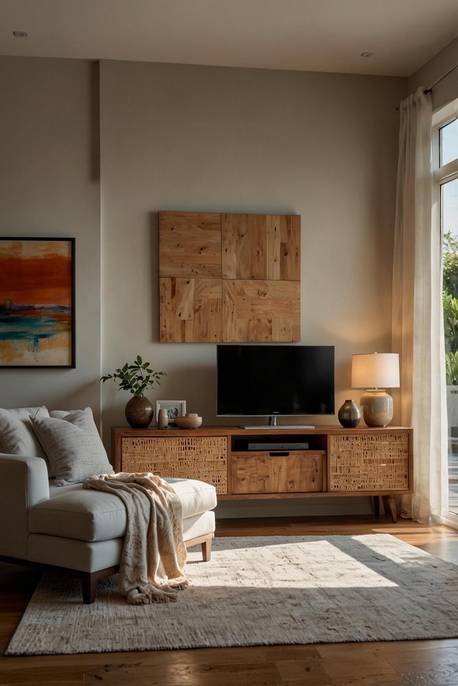Handgemachte Kunstwerke an der TV-Wand in modernem Wohnzimmer