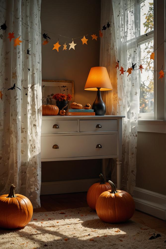Kuschelige Kürbis-Lichterkette im hellen Kinderzimmer
