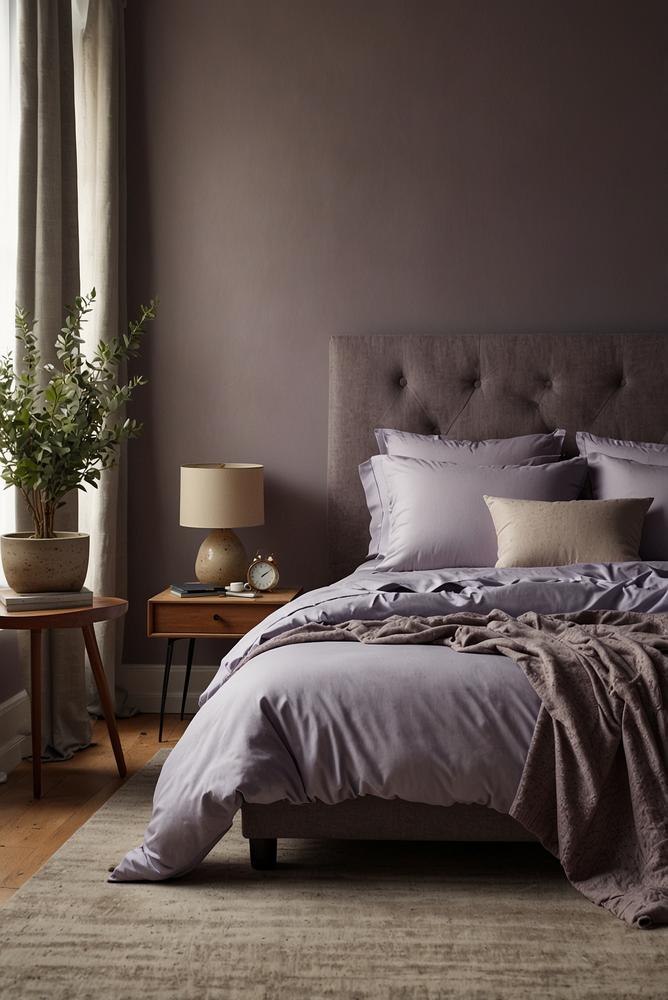 Schlafzimmer mit Lavendelwand und Baumwollstoffen