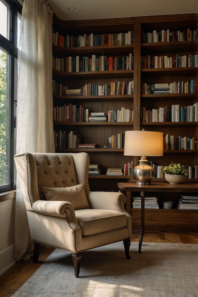 Leseecke mit Ohrensessel und Bücherregal hell und modern