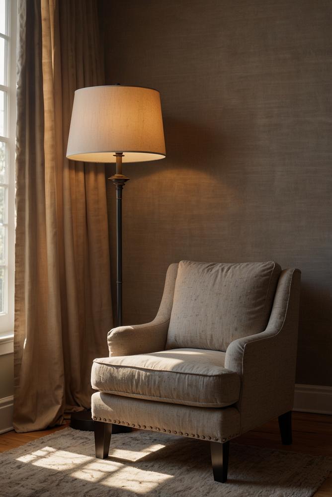 Helle Leseecke mit Stehlampe und Lesesessel