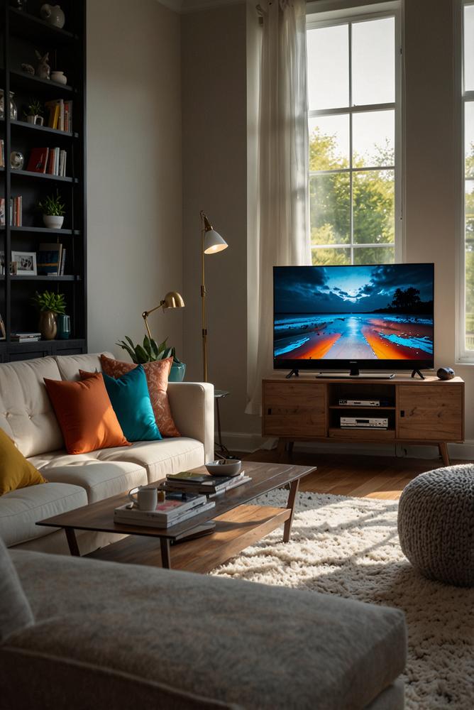 Helle moderne TV-Ecke mit farbiger Akzentbeleuchtung